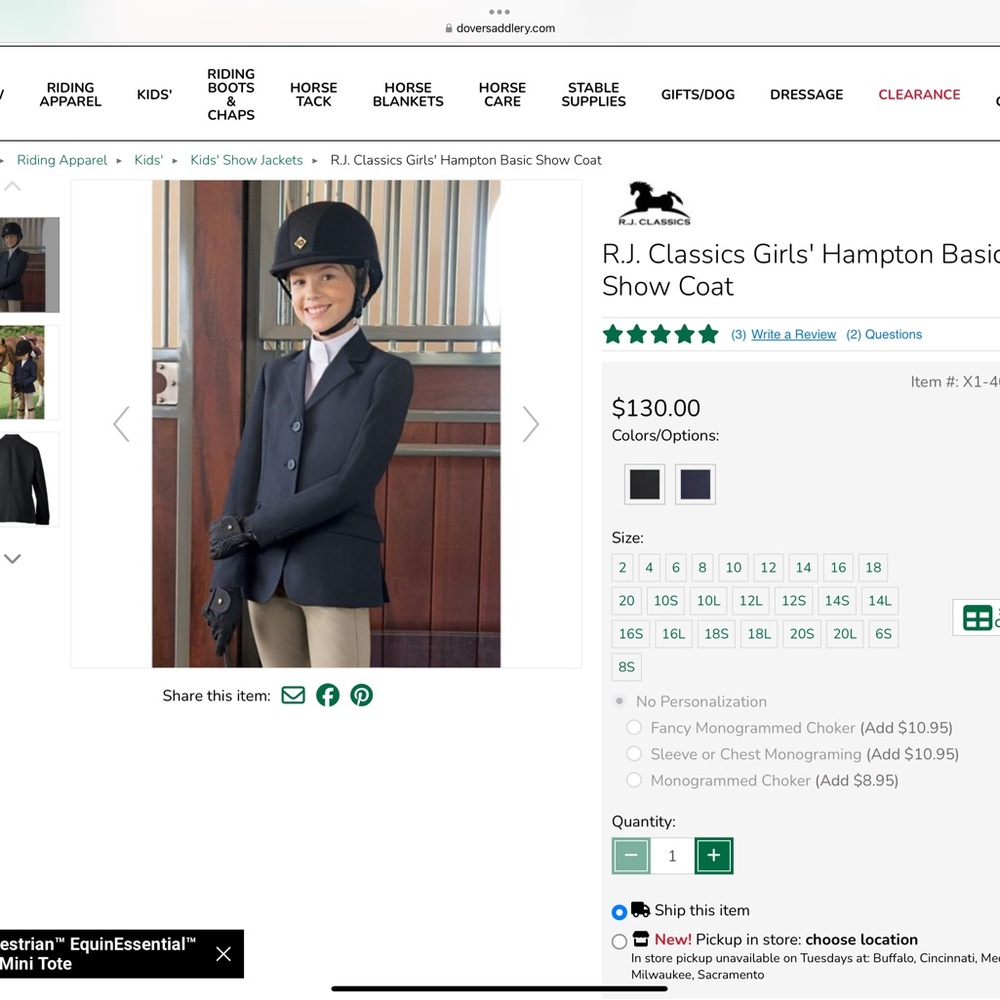 Girls RJ Classic Hampton Show Coat,  navy
